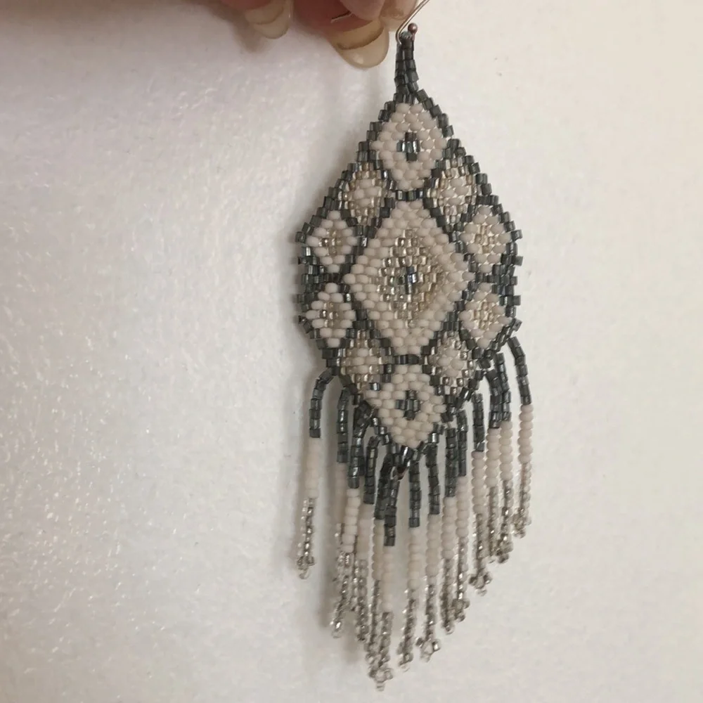 Vintage Bohemian Beaded Sterling Silver Seed Fringe Earrings - Picture 2 of 3